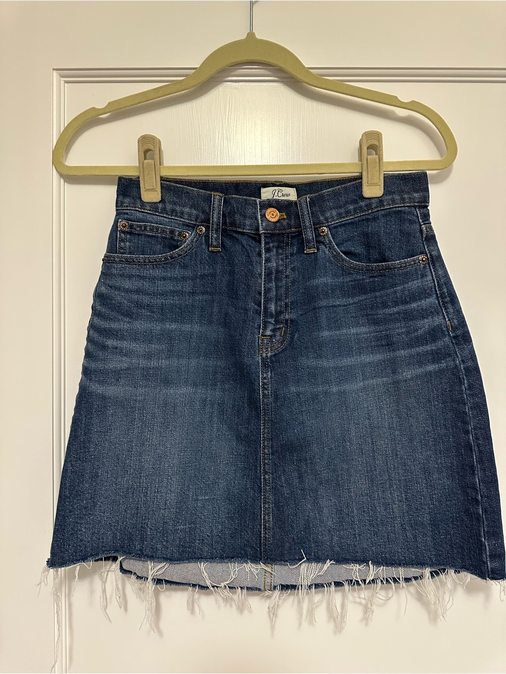 J. Crew Dark Blue Denim Mini Skirt with Frayed Hem